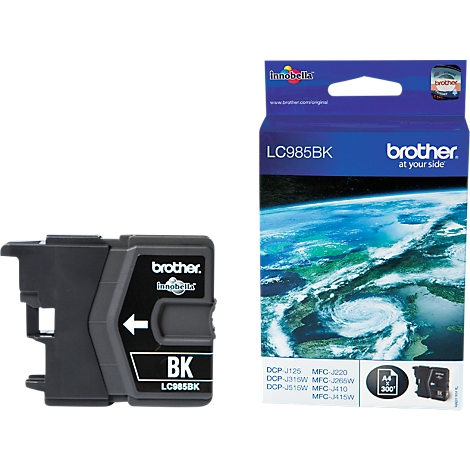 Black ink cartridge and packaging by Brother. The cartridge is labeled LC985BK, the packaging shows a globe.