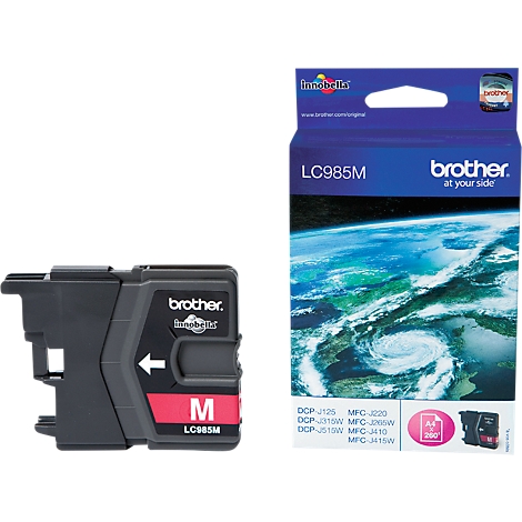 A Brother ink cartridge labeled LC985M and its packaging. Relevant model numbers are printed on it.