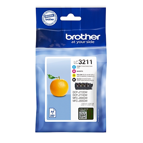 Brother LC3211 ink cartridge in blister packaging, orange with leaf. Text: Cyan, Magenta, Yellow, Black, A4/200. Brother logo.