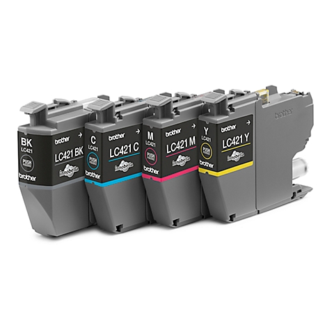 Four Brother printer cartridges in black, cyan, magenta, and yellow, arranged side by side.