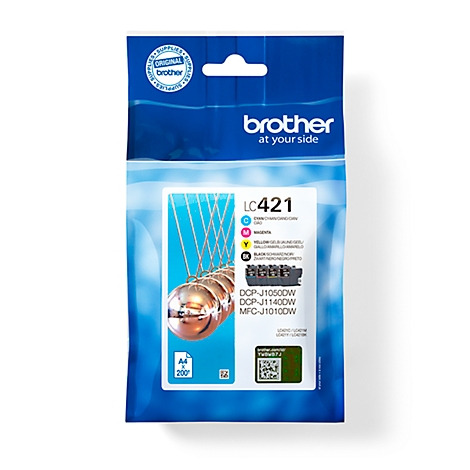 Brother LC421 ink cartridge in blue packaging, with colors and ink cartridges for printers. With the print 'Brother at your side'.