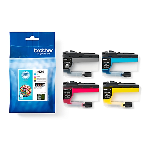 A blue package with the "brother" logo and four colored ink cartridges next to it.
