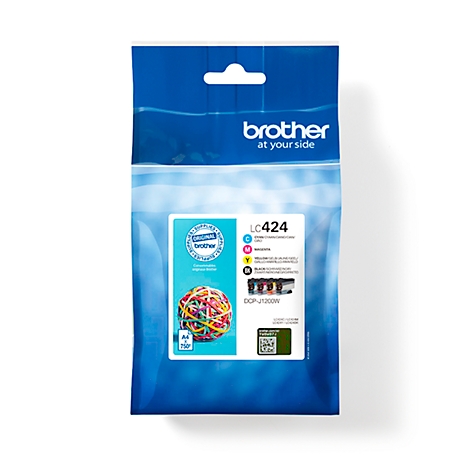 Brother ink cartridge pack, blue plastic, LC424, with colorful rubber bands.