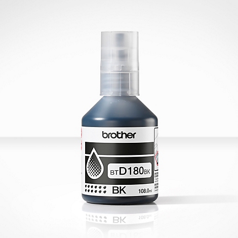 Schwarze Tinte-Flasche der Marke Brother. Auf dem Etikett steht BT D180BK, Tropfensymbol.