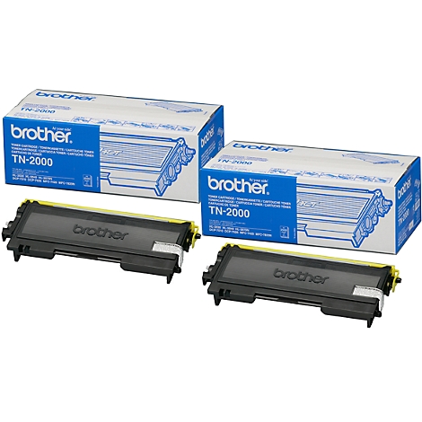 Two Brother TN-2000 toner cartridges, including two cartridges and two packages with text.