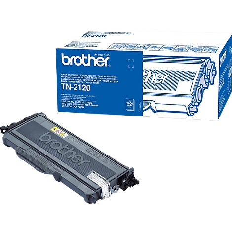 A Brother toner cartridge and packaging against a white background. Printed: TN-2120.
