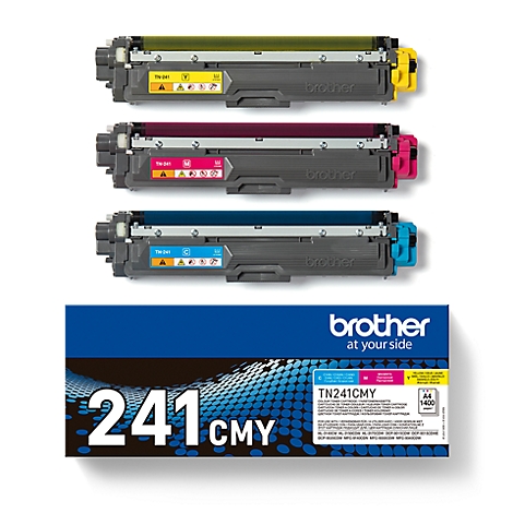 Three toner cartridges in yellow, magenta and cyan, and a blue Brother package with the inscription CMY 241.