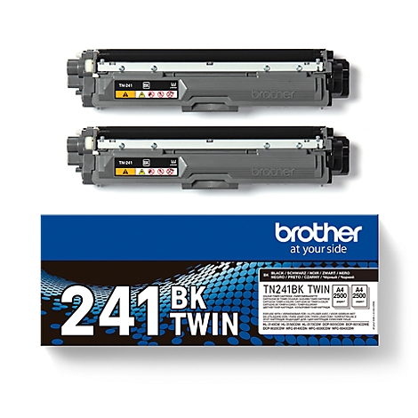 Two black toner cartridges and a blue product box. The box says '241 BK TWIN' and 'brother'.