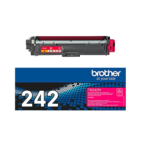 Brother Toner TN242M Magenta über seiner blauen Produktverpackung mit Logo und Beschriftung.