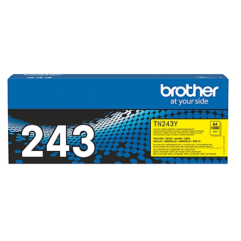 Blue and black Brother toner box with '243' and yellow label. Text on the label includes product names and capacity information.