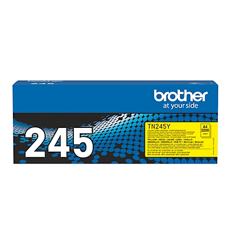 Blue Brother toner cartridge box. It says "245" and "TN245Y". Yellow sticker with more information.