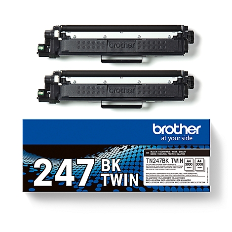 Two black Brother toner cartridges with a product packaging with the text "247 BK TWIN".
