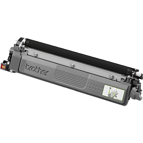 Detailed grey Brother toner. The black roller dominates the top. Small sticker with instructions.