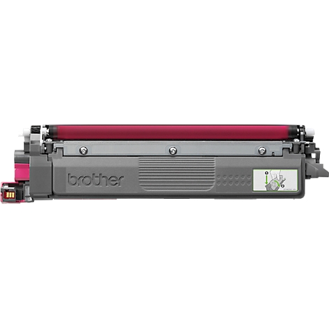 A grey Brother toner cartridge with a magenta roller. There is a green sticker with instructions on the side.