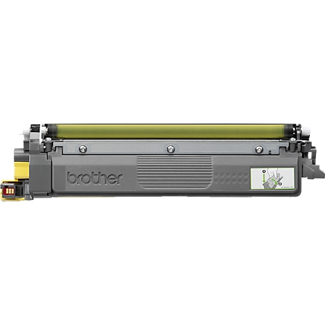 Yellow toner cartridge with Brother logo. Details of laser printer accessory. Greenish roller at the top.