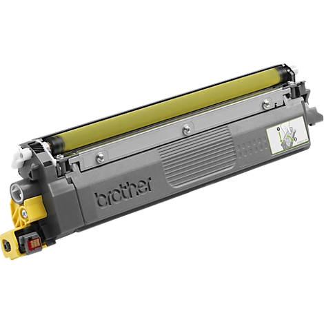 A gray Brother toner cartridge with a yellow roller. The cartridge says "brother".