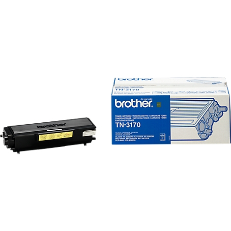 A black Brother toner cartridge next to its packaging. The packaging says "Brother" and "TN-3170".