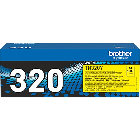Blue and yellow Brother toner cartridge. Print: TN320Y, yellow. A4, 1500. Black and white digits on a blue background.
