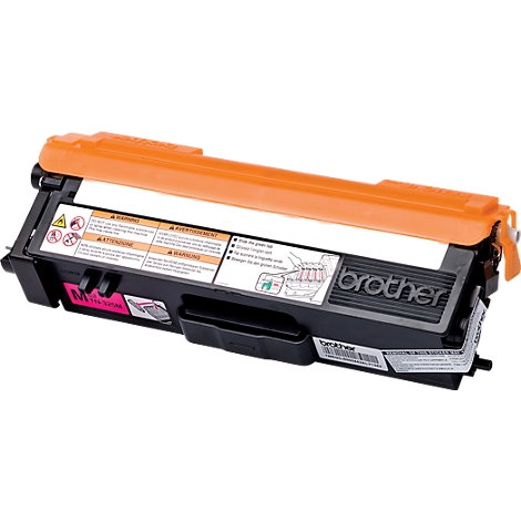 A black Brother toner cartridge with an orange lid. Warning labels and the Brother logo are visible on the cartridge.