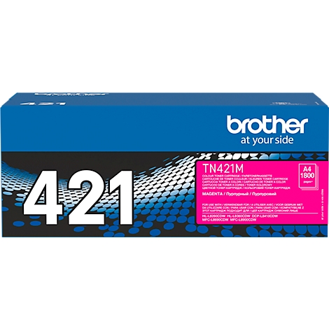 Magenta toner cartridge TN421M by Brother. Inscriptions: 421 and Brother at your side.