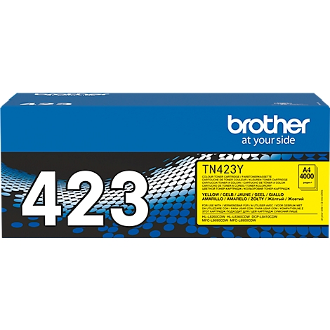 Blue Brother TN423Y box. Print: 423, TN423Y, yellow, A4 4000, Brother at your side.