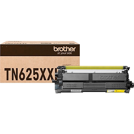 Brother Tonerkartusche TN625XXL vor der zugehörigen braunen Produktverpackung.