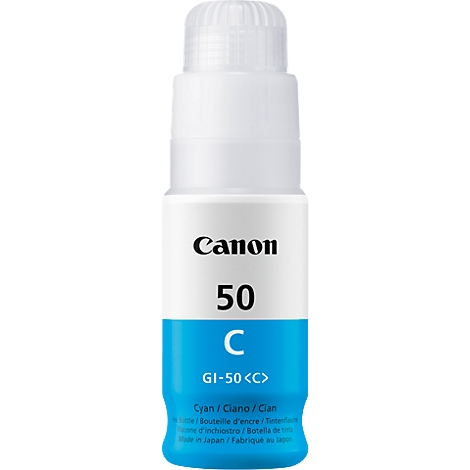 A white ink bottle with the black Canon logo and the inscription 50 C GI-50. The lower part is light blue.