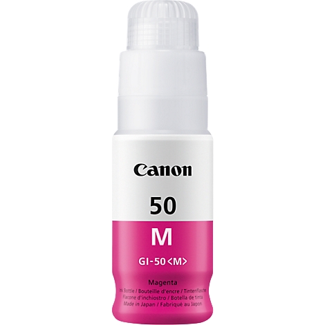 A magenta Canon ink bottle. White screw cap at the top, below a white label with black lettering and ink information.