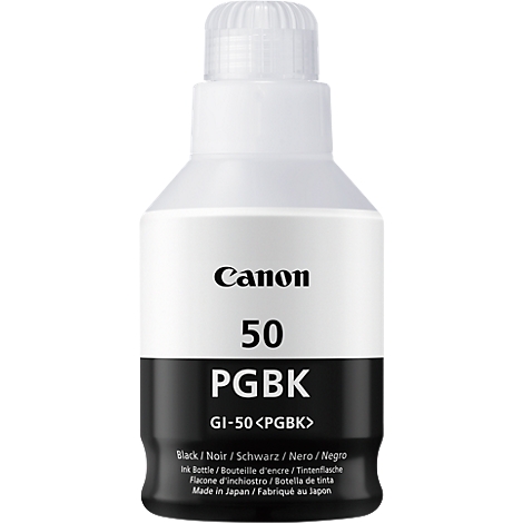 Canon ink bottle with the text '50 PGBK'. The bottle is black and white.