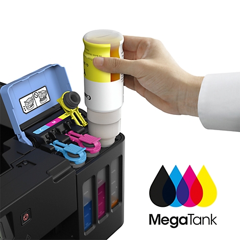 Person filling a printer with yellow ink. The printer and the ink bottle are visible.