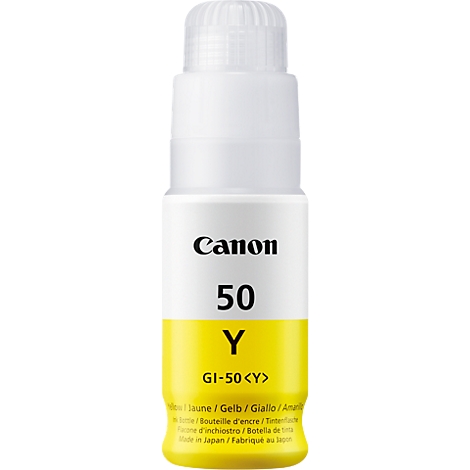 Yellow Canon ink bottle, labelled: Canon, 50, Y, GI-50 <Y>.