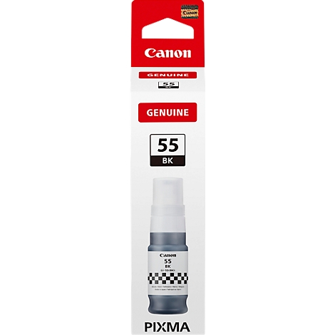 A Canon ink cartridge. The packaging says "GENUINE 55 BK."