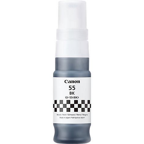 A Canon ink bottle, black. With product name and checkerboard pattern.