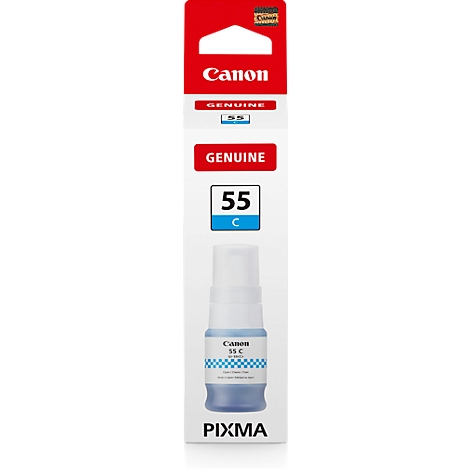 Blue ink bottle with the text 'Canon 55 C'. 'Genuine' is written on a red background.