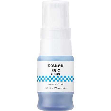 A blue Canon ink bottle labeled 55 C. The label also shows "Cyan" and "Made in Japan".