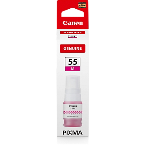 Canon magenta ink bottle. Inscription: "55 M" and "PIXMA".