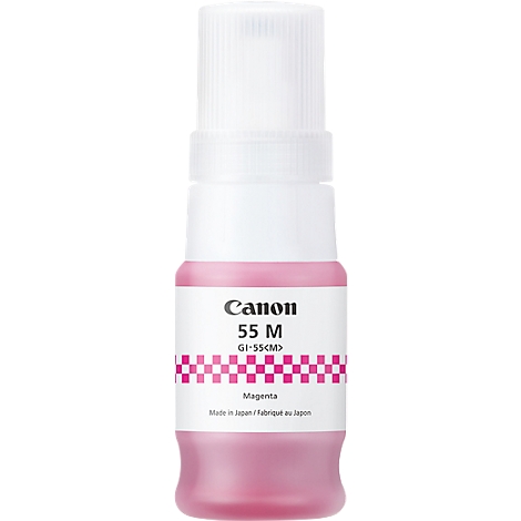 A Canon ink bottle, filled with magenta ink. Inscription: Canon 55 M, GI-55<M>, Magenta, Made in Japan.