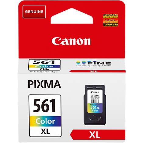 Canon ink cartridge in red packaging. '561 Color XL' printed. Black cartridge visible.