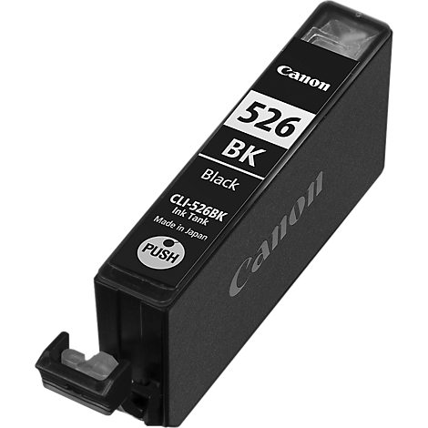 Black Canon ink cartridge, with the markings 526 BK, CLI-526BK, Black and "PUSH".