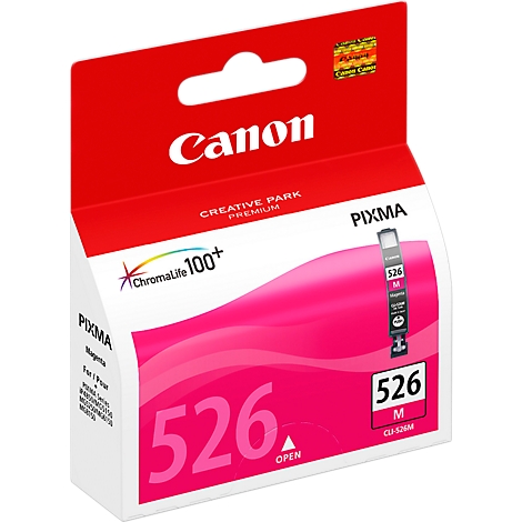 Packaging of a Canon Pixma ink cartridge, mainly in pink, white, and red. The packaging has the Canon and Pixma brand names, as well as the product number 526 printed on it.