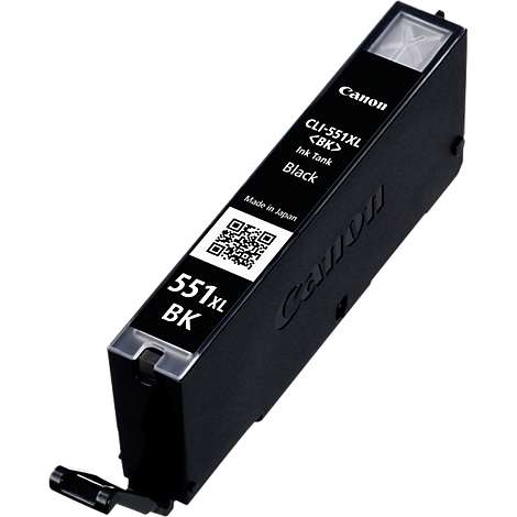 Black Canon ink cartridge with print. Texts: CLI-551XL, BK, Ink Tank, Black. With QR code and manufacturer's logo.