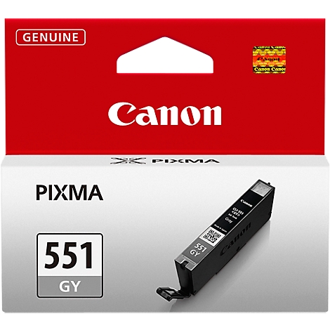 Canon ink cartridge in red and white box. In front of it is a grey ink cartridge.