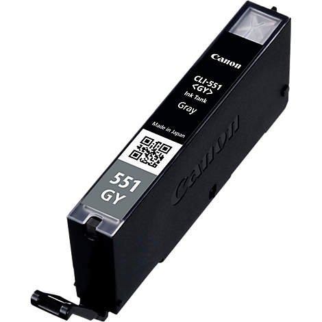 A grey Canon ink cartridge, with markings like "CLI-551 <GY> Ink Tank Gray" and "551 GY".