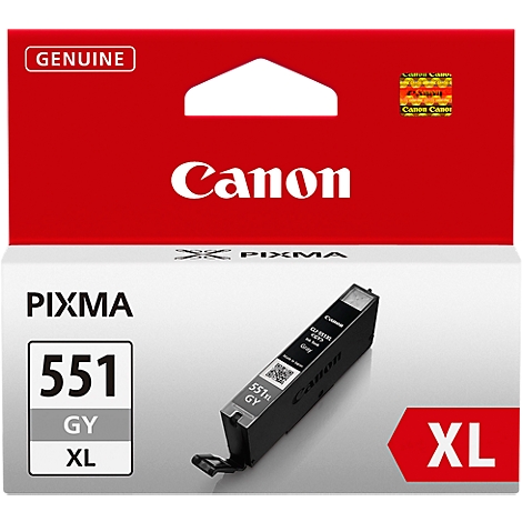 A Canon ink cartridge 551 GY XL in gray packaging, red base color, with lettering.