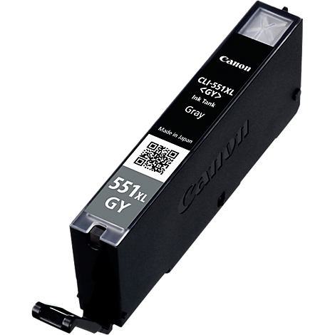 Black Canon ink cartridge, CLI-551XL, gray. With product information and QR code.
