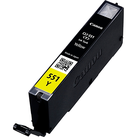 Yellow Canon ink cartridge CLI-551 Y. Inscription: Ink Tank, Yellow, 551 Y, Made in Japan, Canon logo and QR code.