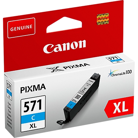 A Canon Pixma 571 XL ink cartridge, highlighted in blue, on its packaging. Red background, product name and logo.