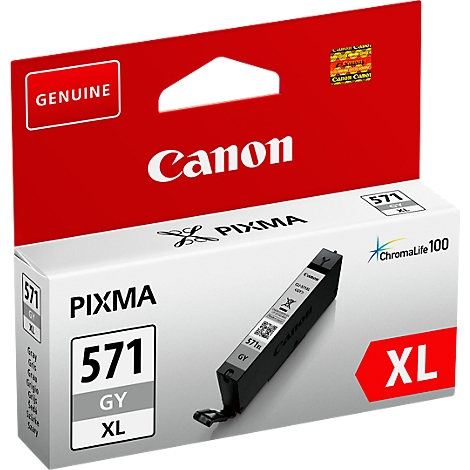 Original Canon ink cartridge in its packaging. The product is shown in a white box with red elements and the inscription "Canon Pixma 571 GY XL".