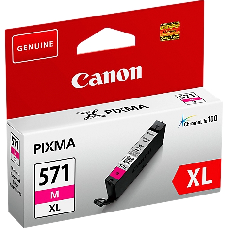A Canon Pixma 571 XL magenta ink cartridge, packaged in a white and red box.