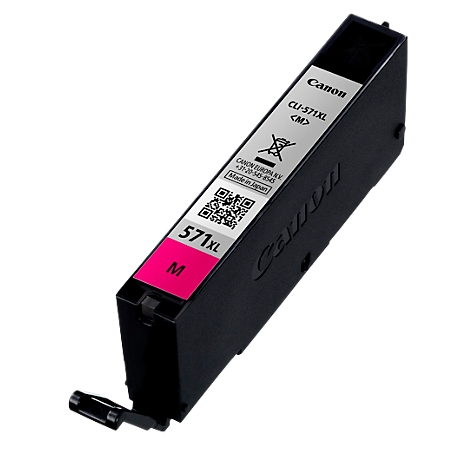 Canon magenta ink cartridge. Text: CLI-571XL M. Label with QR code. Black cartridge, pink ink outlet.